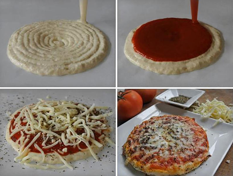 Les différentes étapes d'impression d'une pizza en trois dimensions.