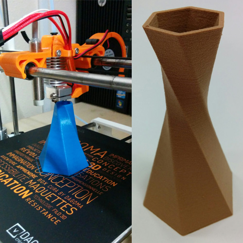 Twisted Vase 3D printed with Octofiber Blue PLA and Polymaker Polywood