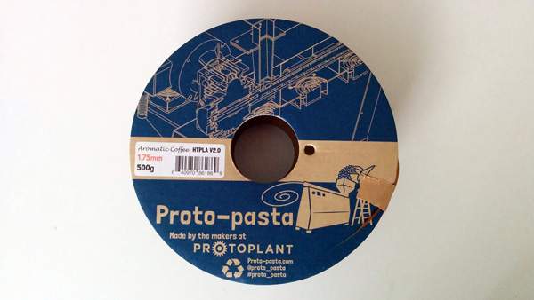 The cardboard filament spool of the Proto-pasta Aromatic Coffee HTPLA.