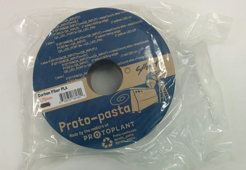 The plastic packaging of the Proto-pasta Carbon Fiber PLA.