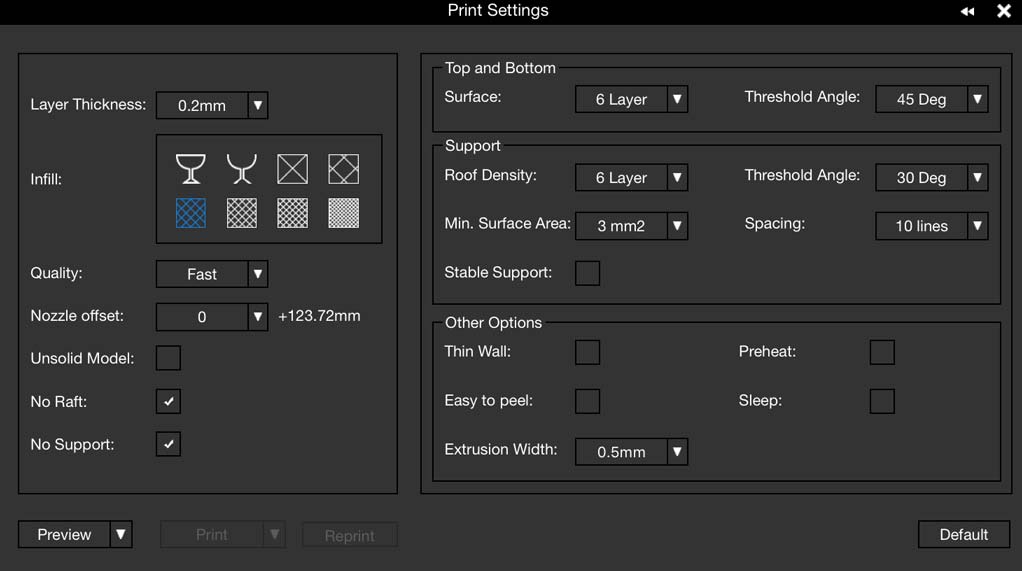 Tiertime UP mini 2 ES review: basic print settings (left) and advanced print settings (right) on UP Studio software.