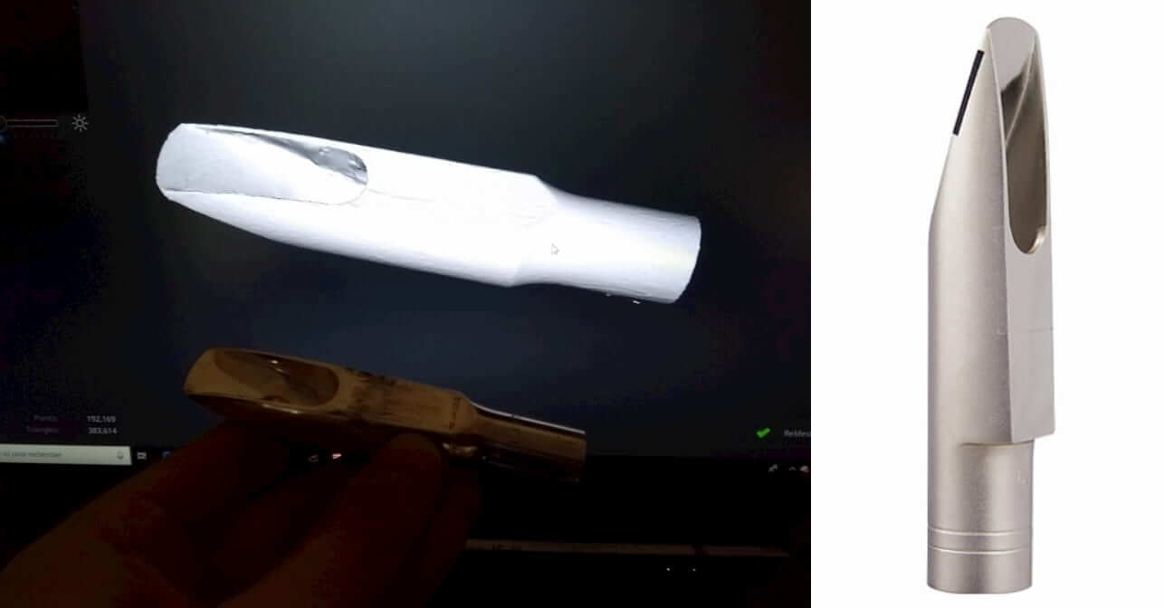 EinScan Pro 2X Plus review: saxophone mouthpiece 3D scan (right-hand image is a photo of the original object, not the scan result).
