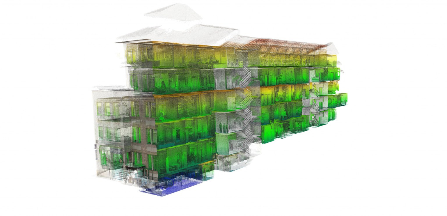 Point cloud of a building sourced from SLAM LiDAR scanning technology