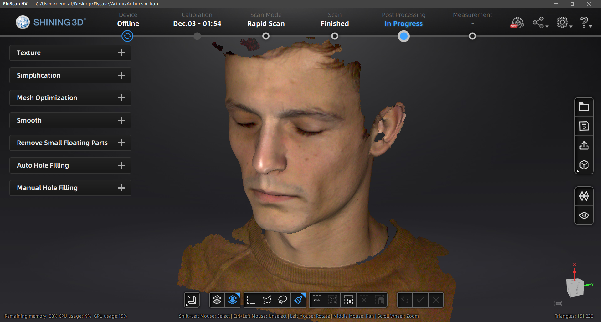 Un scan 3D de visage réalisé par Pierre-Antoine lors d'un test produit.